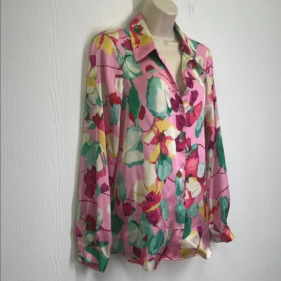 Zara - Bright Colorful Floral Satin Effect Button Down Long Sleeve Blouse Size S - Picture 3 of 9